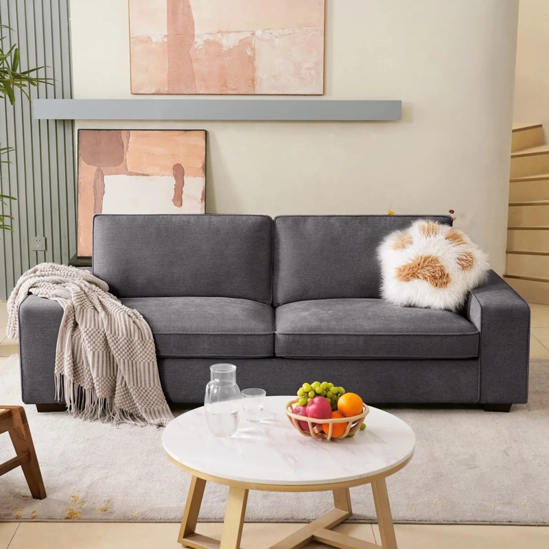 Sofa Square Arms Wood Frame Low Profile Dark Gray Modern