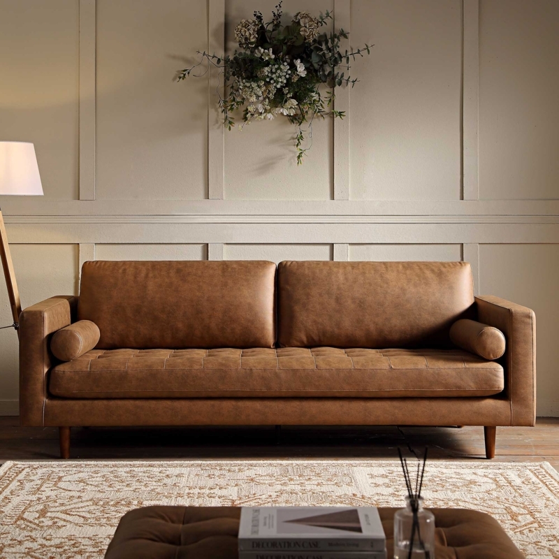 Sofa Tan Faux Suede Channel Tufted Tapered Metal Legs Mid-Century