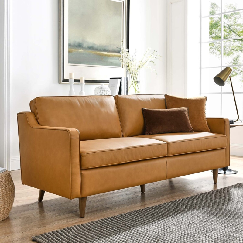Sofa Tan Leather Bolster Armrests Gold Tapered Legs Minimalist