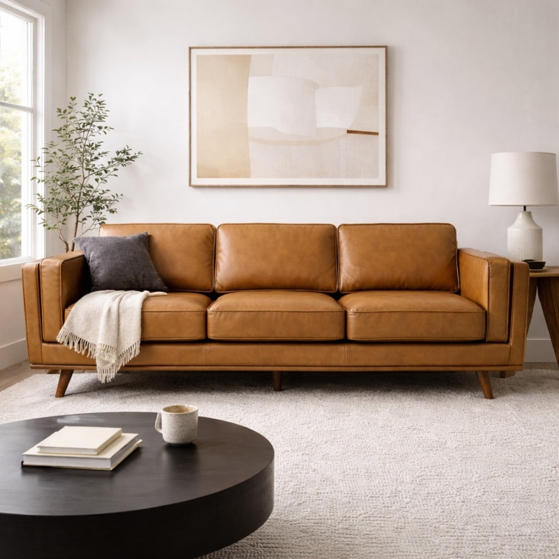 Sofa Tan Leather Bolster Pillows Minimalist Bench Seat Design