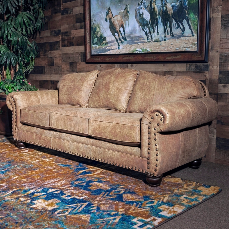 Sofa Tan Leather Industrial Track Arms Modern Minimalist Design