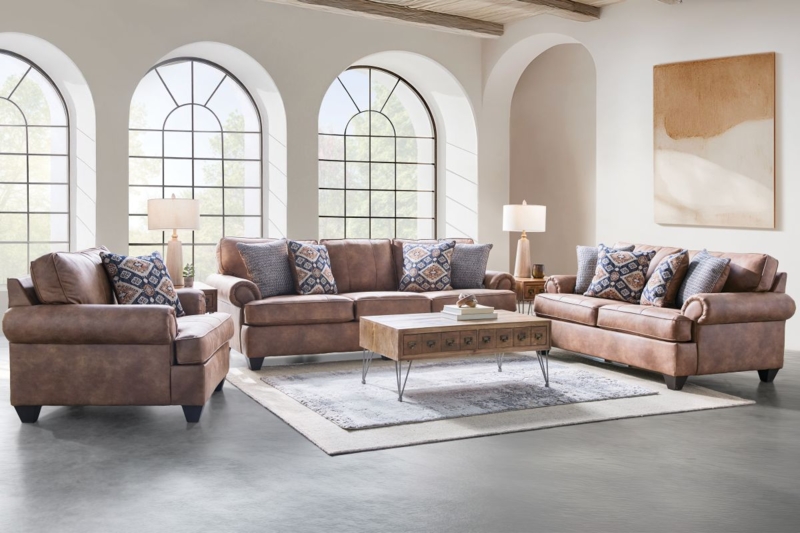 Sofa Tan Leather-Like Mottled Finish Track Arms Tapered Legs