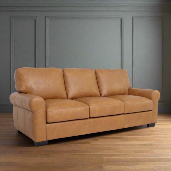 Sofa Tan Leather Low Profile Square Arms Tapered Feet