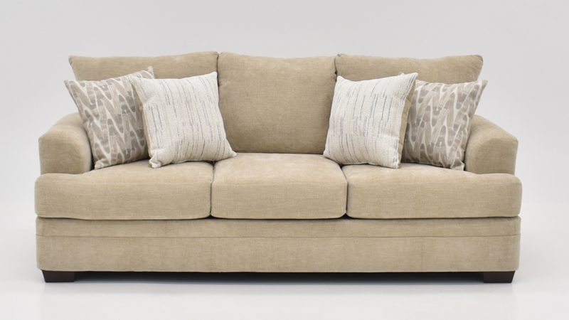Sofa Tan Leather Slim Track Arms Tapered Wood Legs Contemporary