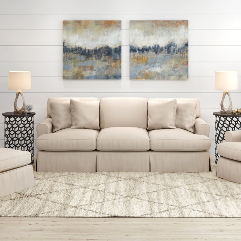 Sofa Tan Slipcovered T-Cushion Skirted Base Coastal Farmhouse