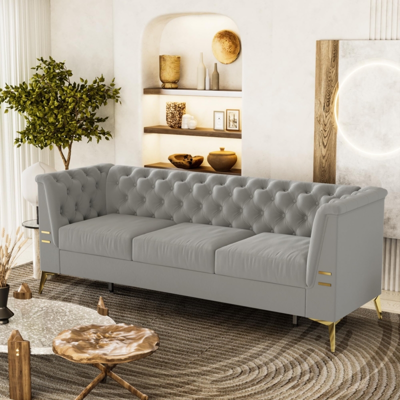 Sofa Teal Velvet Button Tufted Back Flared Tapered Legs