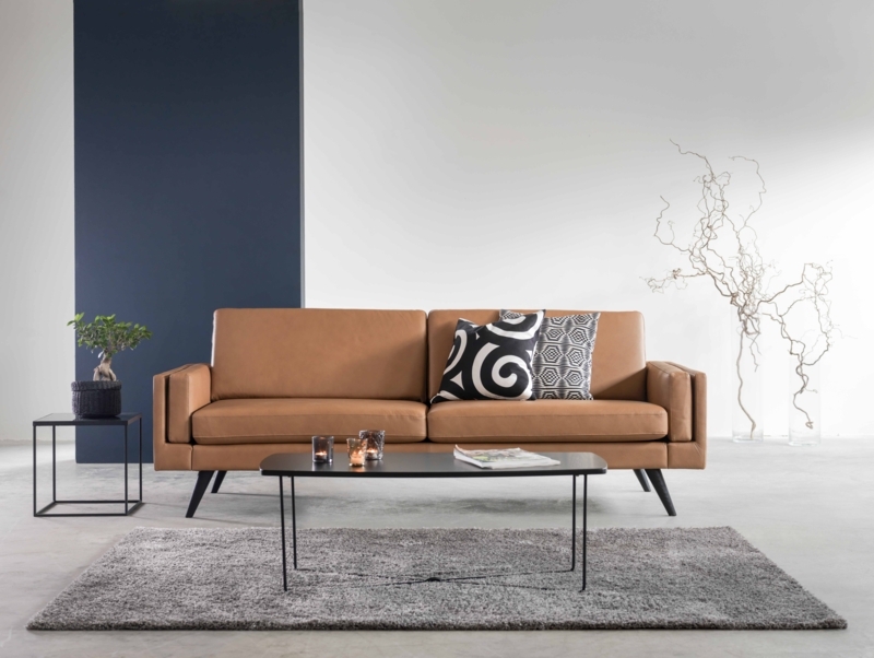 Sofa Three-Cushion Seat in Cognac Leather-Like Fabric with Wood Legs