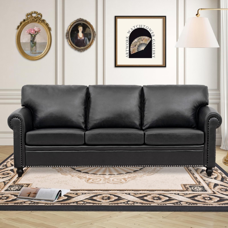 Sofa, Traditional Black Leather-Like with Flared Arms and Low Block Feet