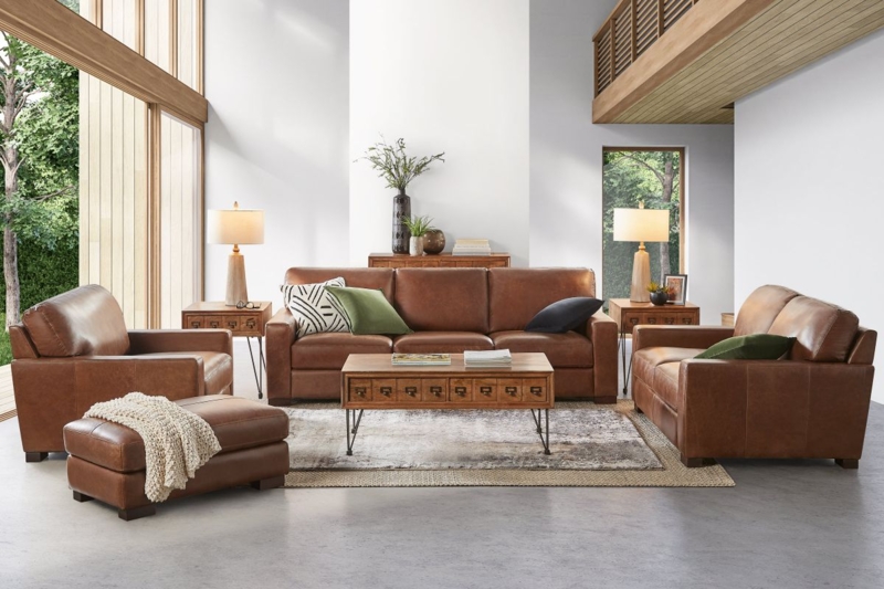Sofa: Traditional Brown Leather Sofa, Button Tufting Nailhead Trim Rolled Arms