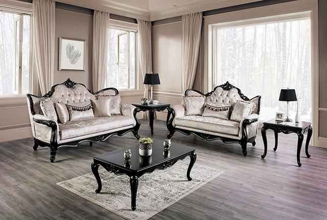 Sofa Traditional Ornate Carved Frame Off-White Upholstery Espresso