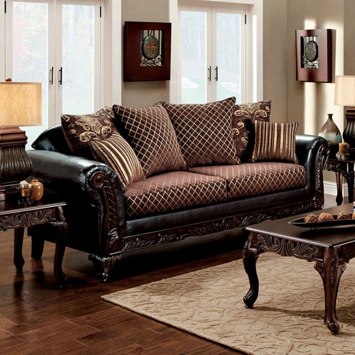 Sofa Traditional Ornate Dark Cherry Wood Carved Button Tufted