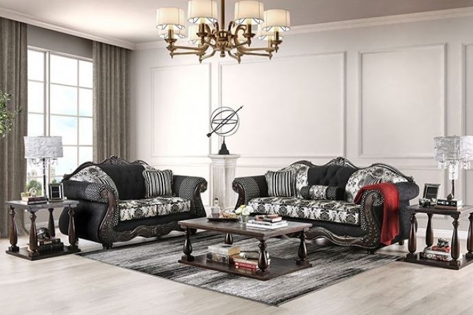 Sofa Tufted Leather-like Ornate Silver Carvings Rolled Arms