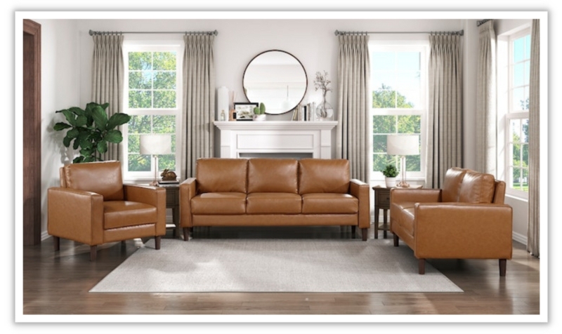 Sofa Tufted Seat Brown Leather Like Mid Century Modern