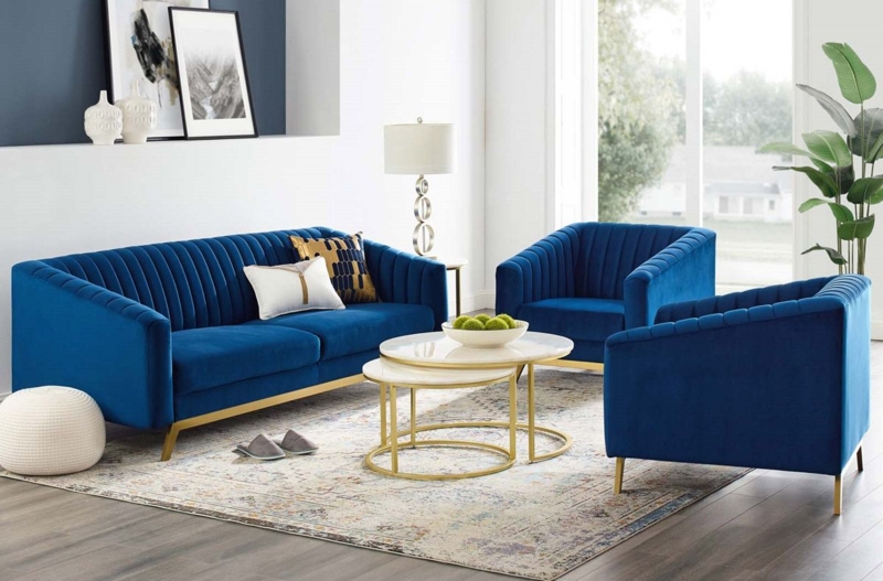 Sofa: Tuxedo Arms, Polished Gold Legs, Navy Blue Velvet