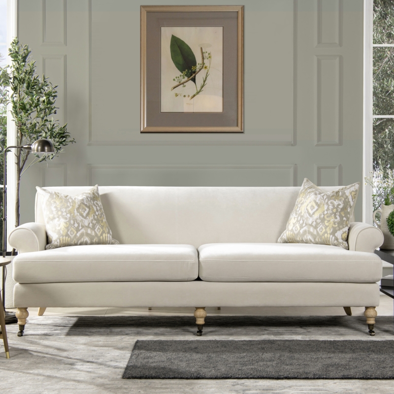 Sofa Two Cushion Seat Velvet Texture Tight Back Beige
