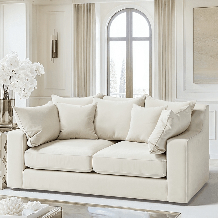 Sofa Velvet Pillow Back Cream Track Arms Contemporary Glam Style