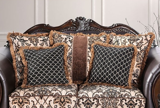 Sofa Victorian Style Brown Damask Pattern Carved Frame