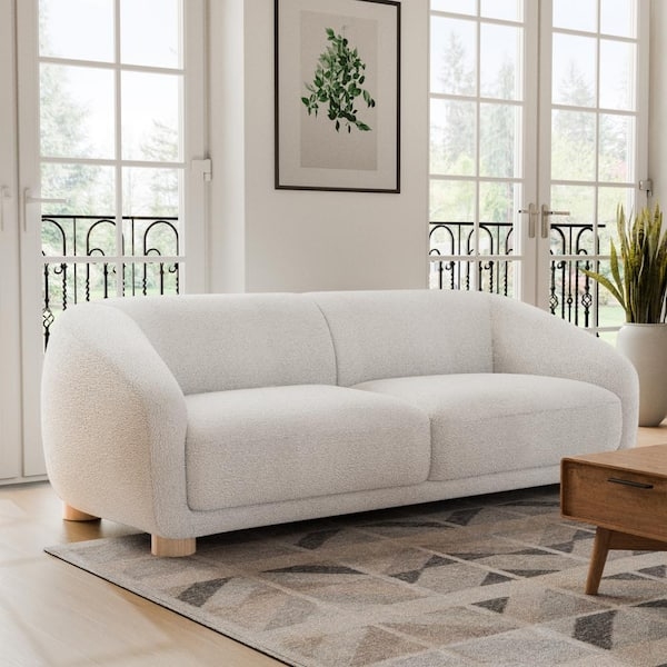Sofa White Boucle Slope Arms Block Base Rectangular