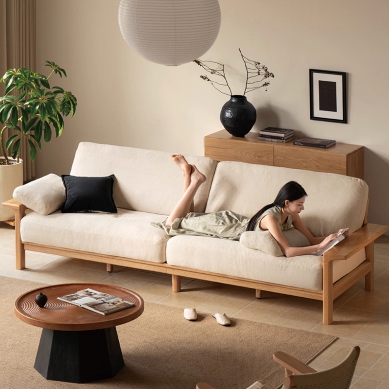Sofa Wide Armrests Exposed Wood Frame Slat Back Japandi