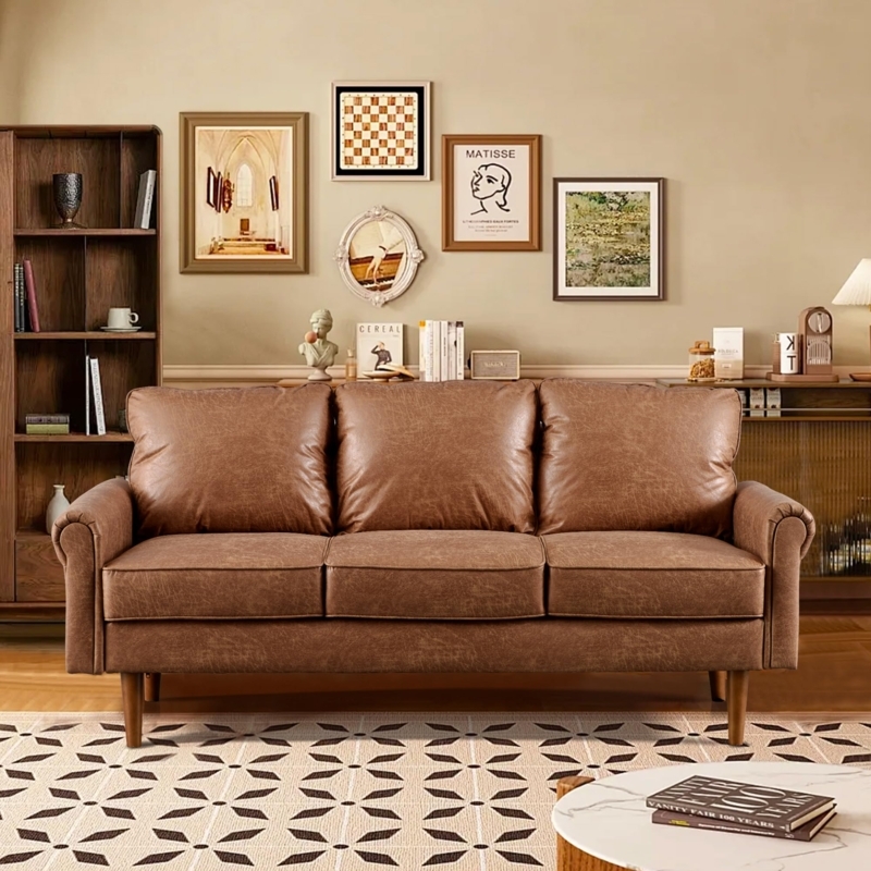 Sofa with Bolster Pillows, Tapered Legs, Mid Century Modern Brown