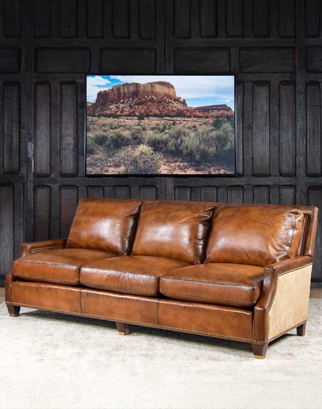 Sofa with Burnished Finish Antique Brass Nailhead Trim Western Style