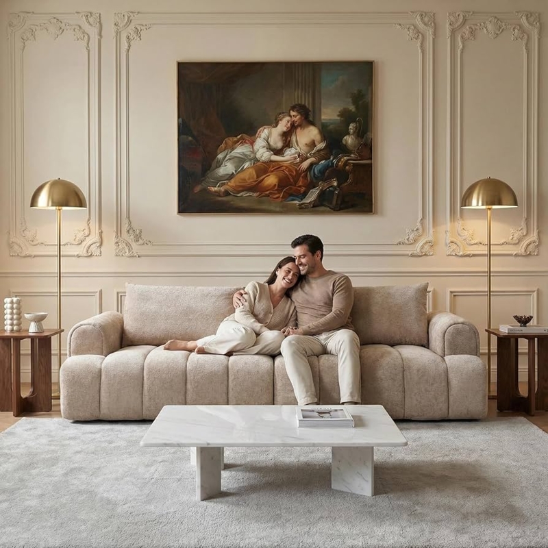 Sofa With Camel Chenille Bubble Silhouette And Deep Tufting.