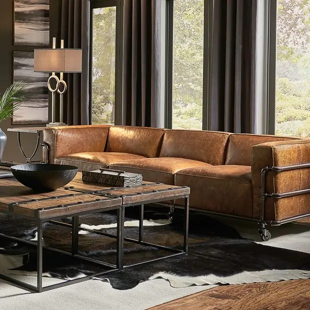 Sofa with Caster Wheels, Distressed Brown Vertical Stitching