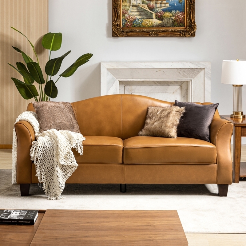 Sofa with Cognac Upholstery and Rounded Sloping Arms Mid-Century Style