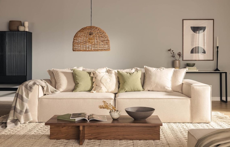 Sofa with Curved Back and Organic Shape in Ivory Bouclé-Like Fabric