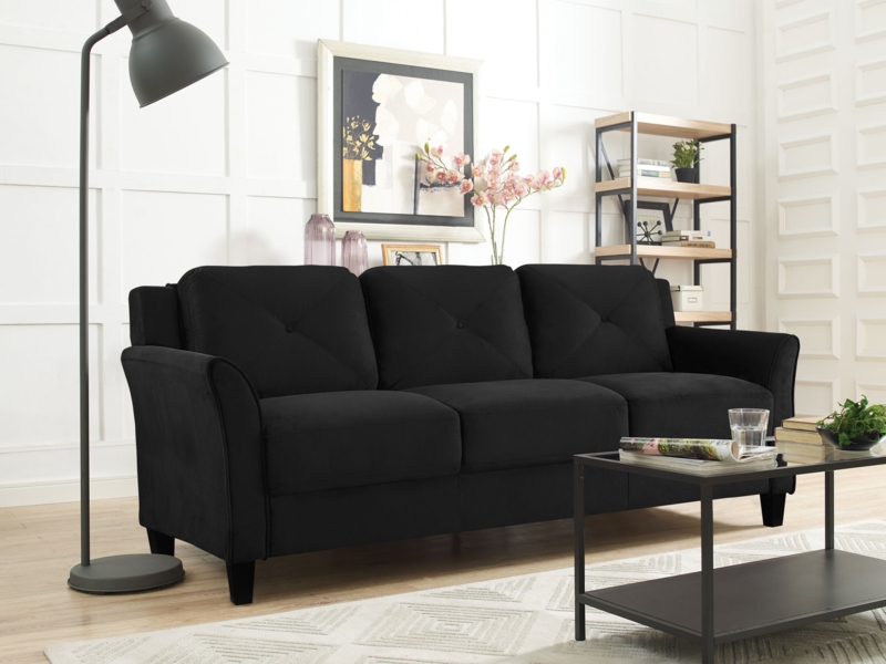 Sofa with Curved Track Arms and Tapered Legs, Modern Black Fabric