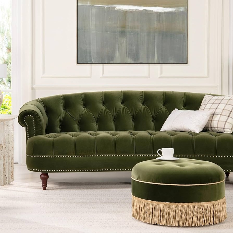 Sofa with Deep Button Tufting, Rolled Arms, and Carved Wood Legs
