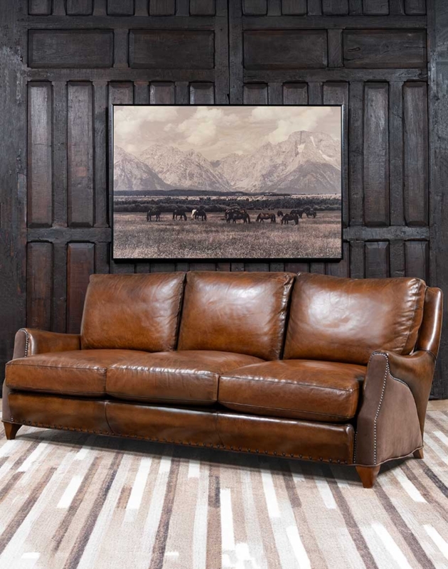 Sofa with Distressed Finish and Nailhead Trim Rustic Western Design