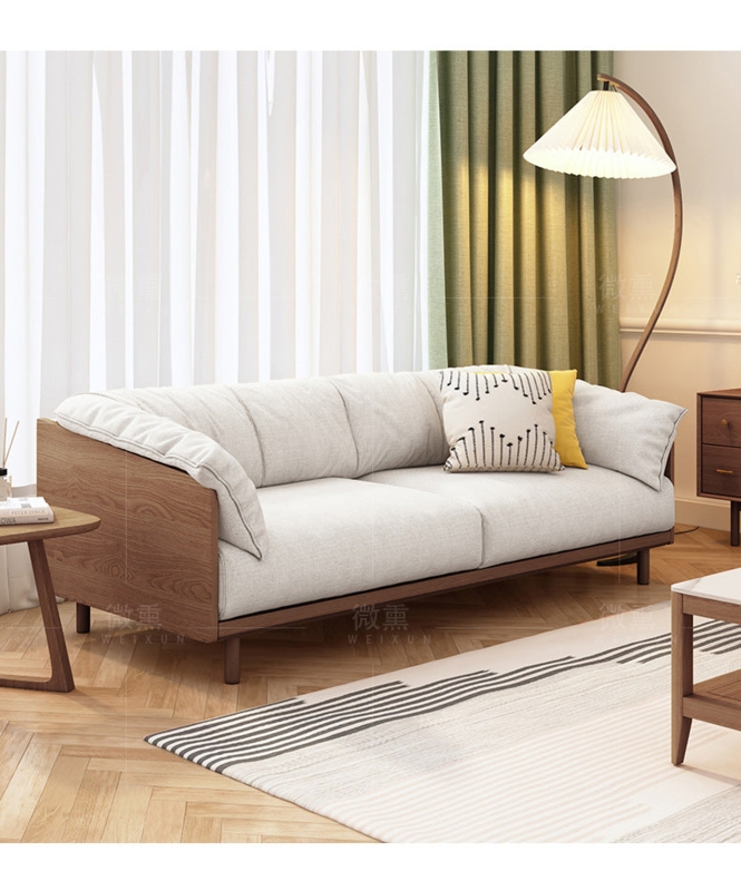Sofa with Exposed Light Wood Frame and Grey-Blue Vertical Slat Back