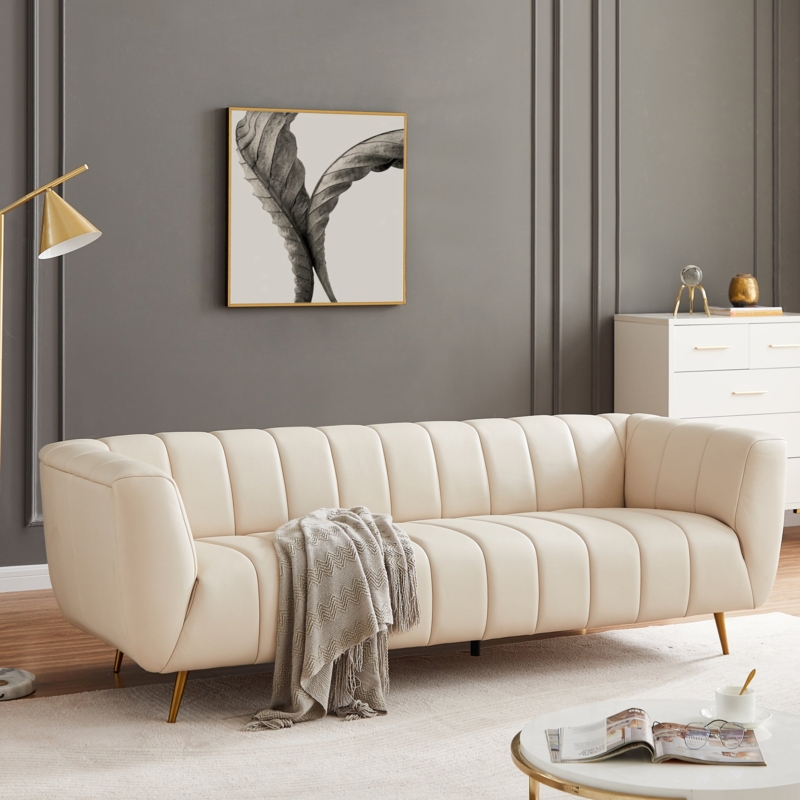 Sofa with Exposed Wood Base and Tapered Legs in Leather-Like Fabric