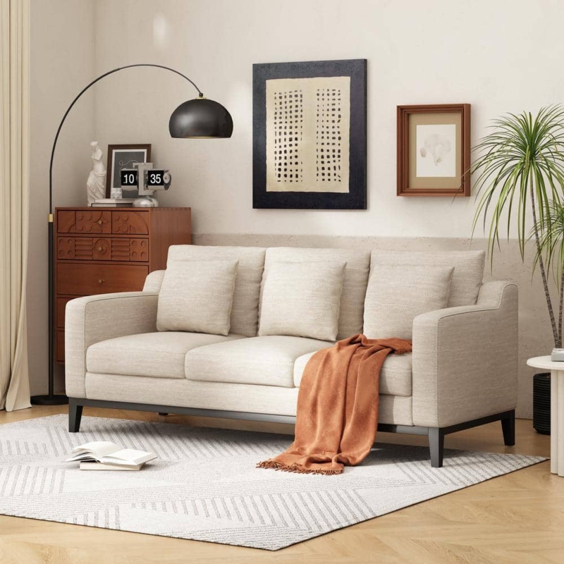 Sofa with Flared Arms, Tapered Wood Legs, Mid-Century Style