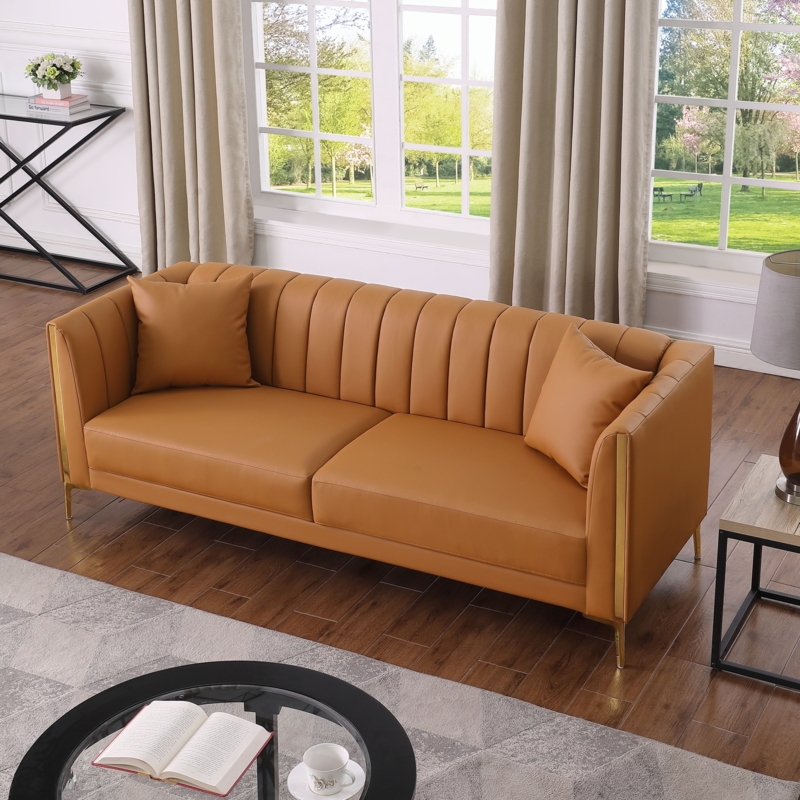 Sofa with Gold Legs and Square Arms, Brown Leather-Like Upholstery