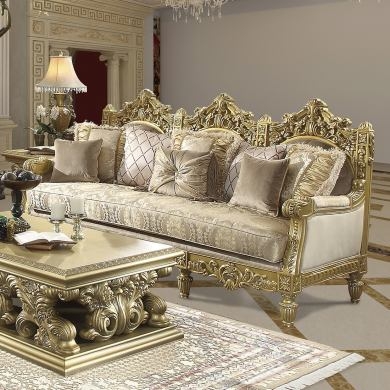 Sofa with Metallic Gold Frame and Cream Damask Button Tufting