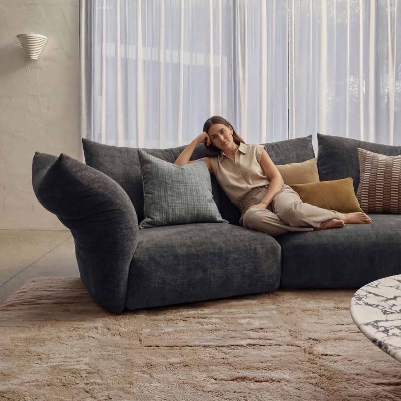 Sofa with Multi-Segment Design and Low Profile in Charcoal Gray