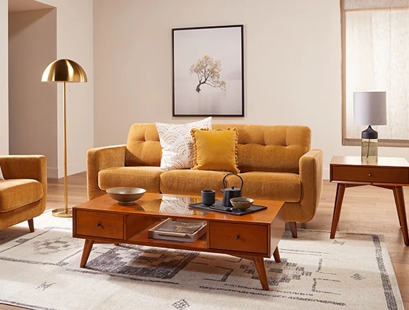 Sofa with Mustard Yellow Upholstery, Button Tufted Back & Wood Legs.