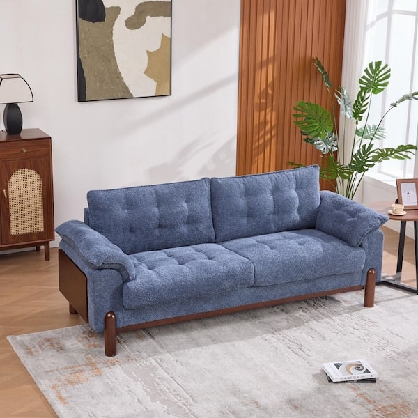 Sofa with Navy Blue Boucle Texture and Walnut Legs Styling