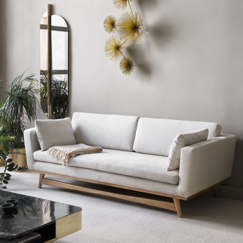 Sofa with Open Wood Frame Back and Taupe Woven Fabric Cushions