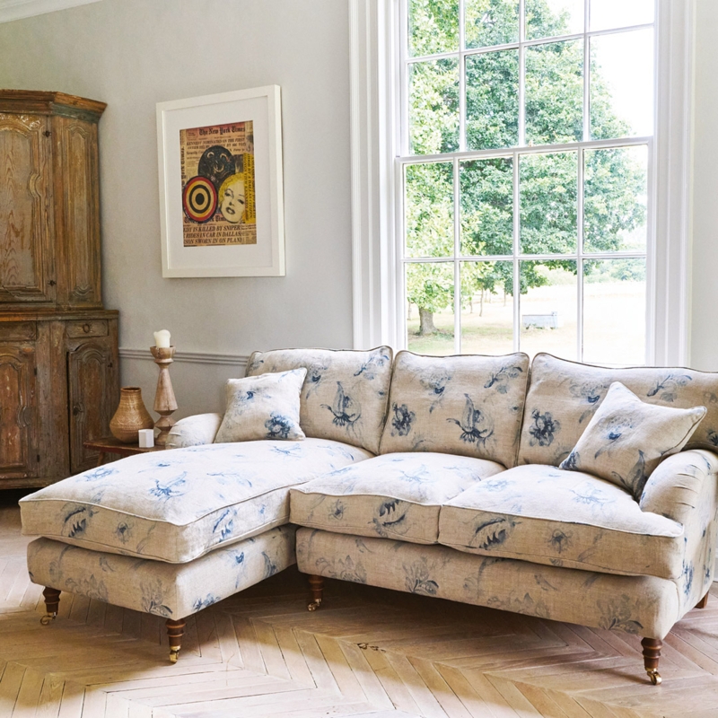 Sofa with Oversized Botanical Motif, Rolled Arms, English Country Style