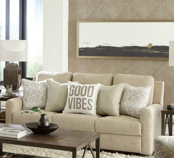 Sofa with Rolled Arms, Overstuffed Cushions, Traditional Tan Fabric