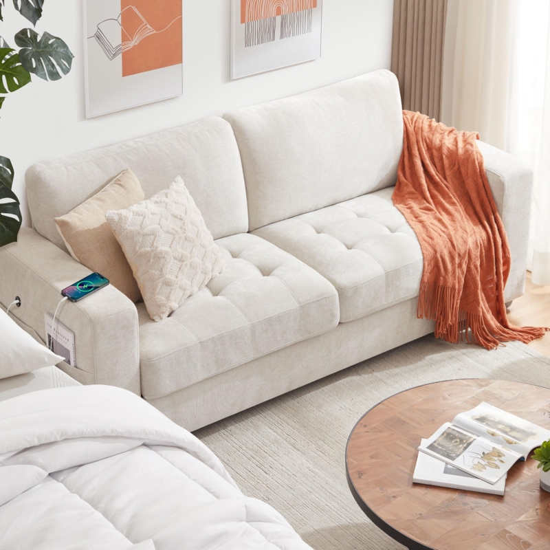 Sofa with Side Storage Pocket, Beige Deep Seat, Modern Minimalist