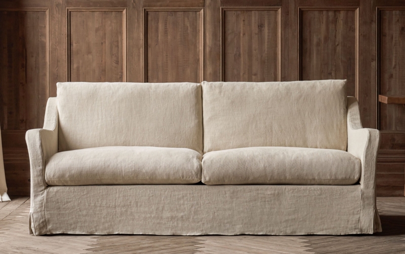 Sofa with Slipcovered Oatmeal Linen, Deep Seat, Organic Style