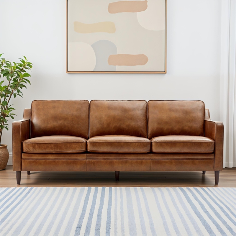 Sofa with Square Arms, Cognac Leather-Like, Modern Farmhouse Living Room