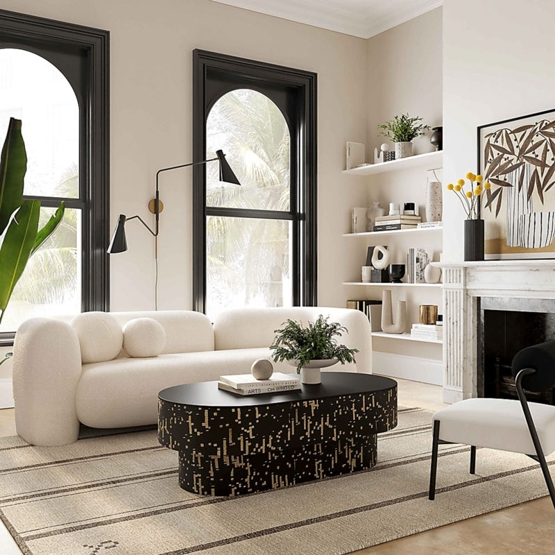 Sofa with T-Style Back Cushions, Track Arms, Cream Fabric & Floral Pillows