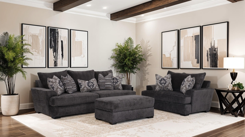 Sofa with Track Arms and Patterned Pillows in Charcoal Upholstery