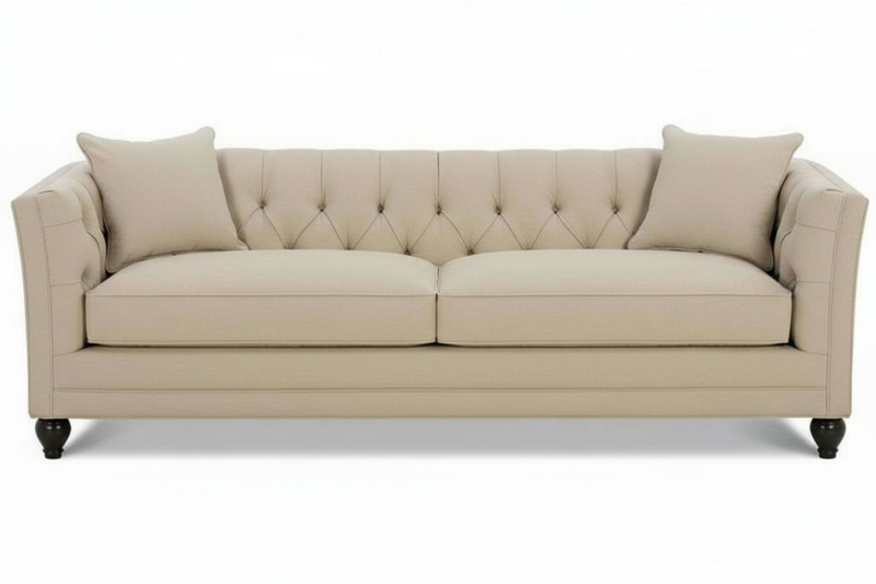Sofa with Two-Cushion Seat in Cream Fabric, Button Tufted Back