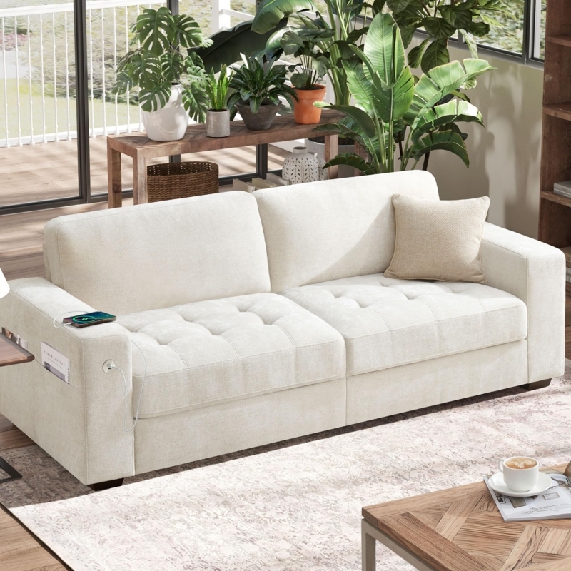Sofa with USB Charging Ports, Cream Chenille, Wide Track Arms